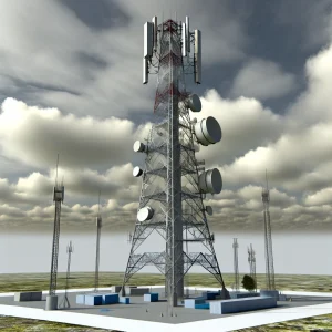 DALL·E 2024-02-24 13.43.38 - Create a highly realistic image of a telecom tower, capturing the intricate details such as the metallic structure, antennas, and satellite dishes wit